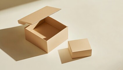 Two light beige cardboard boxes, one open, on a pale yellow background, with strong shadows