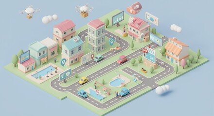 Isometric Cityscape with Pastel Buildings and Delivery Drones