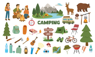 Camping vector set. Clipart of camping elements with landscape, campsite, equipment, people. Flat vector in cartoon style isolated on white background.