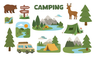 Obraz premium Camping landscape vector set. Camping clipart with camper van, landscape, bear, tent, map, deer