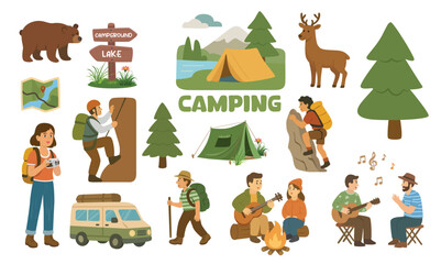Camping vector set. Clipart of camping elements with landscape, campsite, equipment, people. Flat vector in cartoon style isolated on white background.