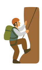 Man climbing mountain vector. Hiking clipart. Outdoor activity vector in flat cartoon style isolated on white background. Hobby.
