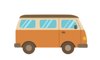 Van or camper van vector in flat cartoon style isolated on white background. Bus clipart. Transportation. Vacation or camping element.