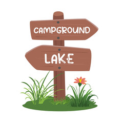 Signpost vector. Wooden sign, signboard clipart in flat design. Cartoon camping element clipart isolated on white background. 