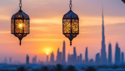 Obraz premium Ornate lanterns hang against a sunset backdrop of a city skyline