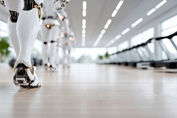 Obraz premium Robots Exercising in Modern Gym AI Fitness Future Tech