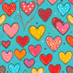 Seamless Pattern of Hand-Drawn Hearts on Blue Background