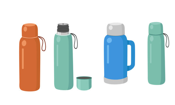 Thermos or Insulated bottle vector set with close and open cap. Thermal bottle clipart set. Vacuum flask, thermal flask. Flat vector in cartoon style isolated on white background.