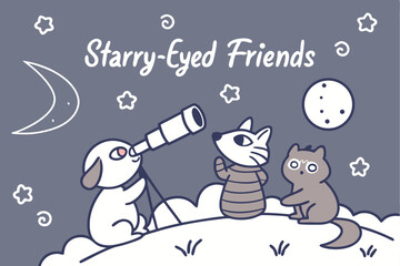 Whimsical animal friends watching stars night sky illustration