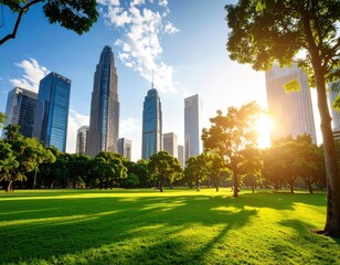 Fototapeta premium Lush parkland meets modern city skyline