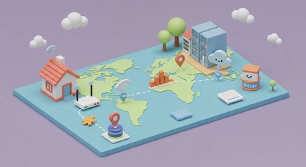 Cute Global Network Illustration with Buildings and Router on Map