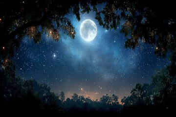 Fototapeta premium Moonlit Night Starry Sky Forest Scene Peaceful Nature Wallpaper