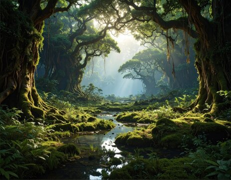 Lush, sunlit jungle scene.  A tranquil stream meanders through a dense, verdant forest.  Sunlight filters through the canopy of towering trees.  Roots and moss cover the forest floor