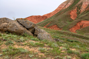 Fancy stones on the slopes of the highest point of the Caspian lowland - Bolshoe Bogdo Mountains on...