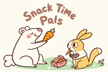 Cute doodle animals enjoying snacks playful bubble font