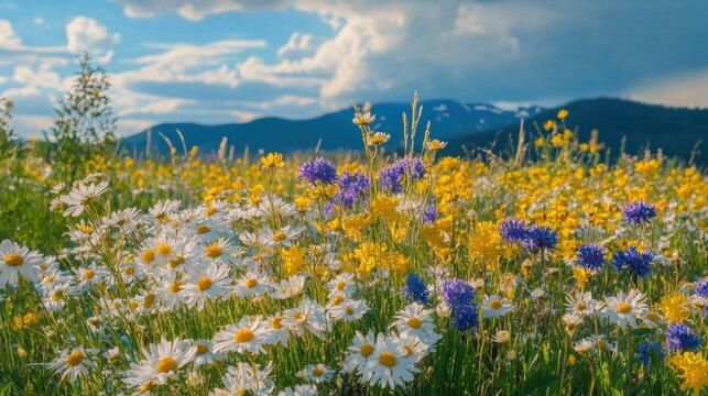 Colorful meadow flowers under a cloudy sky - Powered by Adobe