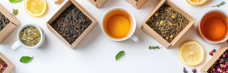 Assorted tea varieties in boxes and cups, with lemon slices and herbs
