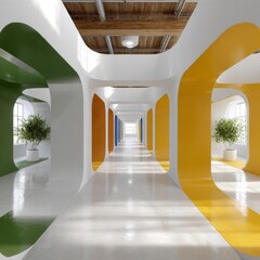 Modern Office Corridor Design  Abstract Architecture  Colorful Walls  Bright Interior