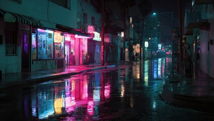Neon-lit alleyway at night, rain reflecting vibrant lights (1)