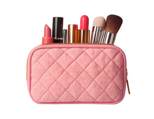 A beautiful quilted leather cosmetic bag with full of makeup and beauty products isolated against a transparent background 