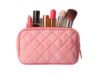 A beautiful quilted leather cosmetic bag with full of makeup and beauty products isolated against a transparent background 