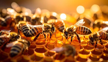 Honeybees on Honeycomb with Golden Hour.