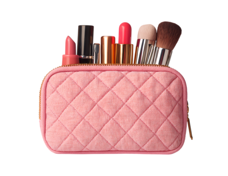 A beautiful quilted leather cosmetic bag with full of makeup and beauty products isolated against a transparent background 