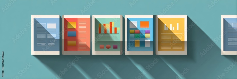 Aufkleber Modular Floating Window Infographic Design Showcasing Colorful Data Visualizations and Shadows Against a Light Blue Background