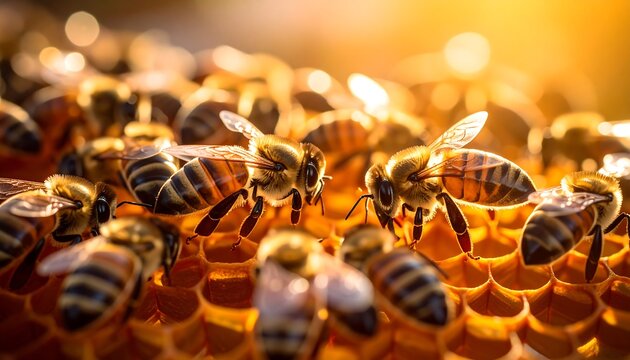 Honeybees on honeycomb with sunset. - Powered by Adobe