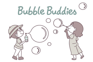 Happy children blowing bubbles friendly hand drawn illustration