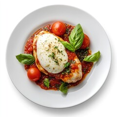 Chicken breast, mozzarella, tomato sauce, basil garnish