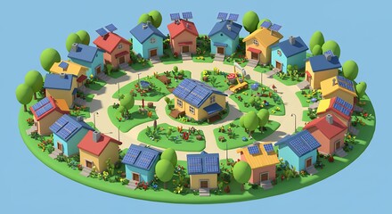 Colorful Cartoon Houses in Circular Neighborhood with Solar Panels