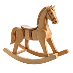 Wooden rocking horse designed for children, showcasing detailed craftsmanship and a classic aesthetic.