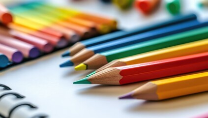 Colorful pencils and crayons on a white surface
