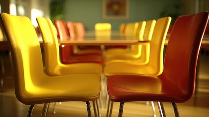 Vibrant red and yellow plastic chairs surround a blurred light wood table in a brightly lit room, suggesting a meeting or waiting area