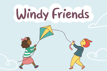 Happy kids flying kites playful doodle illustration