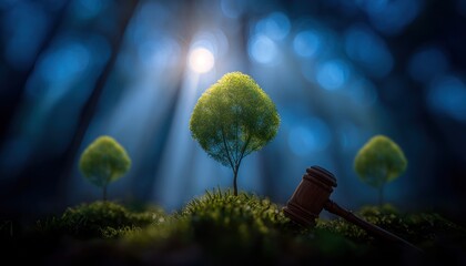 Miniature trees in a forest scene with a gavel