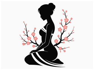 Japanese Silhouette Art Featuring Woman with Traditional Hair and Floral Design