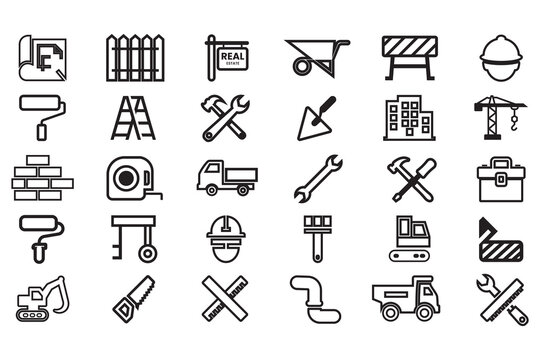 Bundle of real estate and construction vector icon element. The icon including crane, truck, hammer, vehicle, helmet, paint brush, ladder, brick, excavator, engineering building tools and more icon