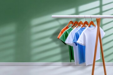 Colorful T-Shirts Hanging on Wooden Rack in Sunlit Room