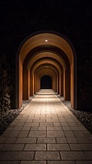 Fototapeta premium Serene Nighttime Pathway Illuminated Archway Tranquil Wellness Retreat.