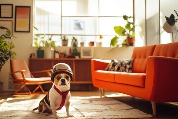 small dog wearing helmet in retro living room.