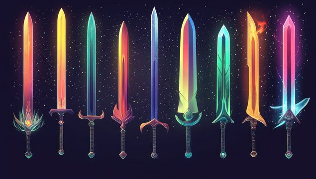 Fototapeta Row of vibrant, colorful fantasy swords