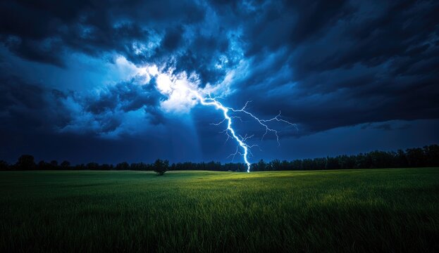 Stormy night, lightning bolt over a field