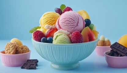 Colorful ice cream sundae in a bowl, topped with fresh fruits and garnished with mint