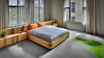 Obraz premium Modern bedroom with light wooden furniture