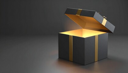 Open Black Gift Box with Golden Accents Glowing Interior.