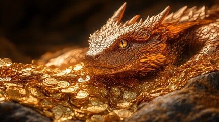 Magnificent golden dragon resting on a shimmering hoard of golden coins