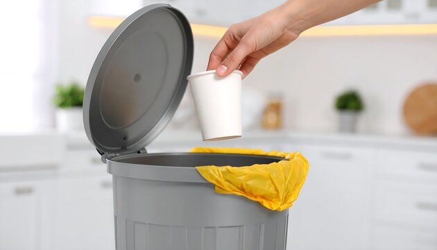 Woman disposing cup in kitchen bin.