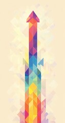 Abstract graphic of a vibrant, ascending arrow, made of colorful, geometric shapes, against a soft, pastel background